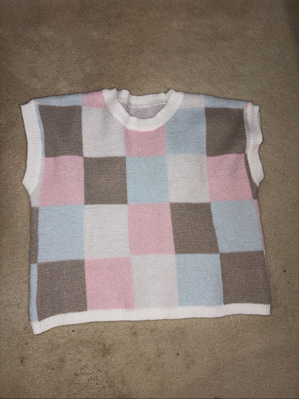 Girls' Pastel Check Knit Tank Top - Pink, Blue & Cream